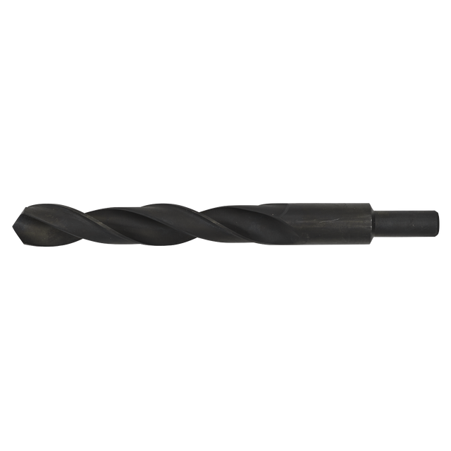 A Sealey Blacksmith Bit - Ø21.5 x 220mm (BSB21.5) with a cylindrical shaft and spiral flutes, isolated on a white background. The bit features a durable black oxide finish and is crafted as an HSS roll forged drill bit for enhanced performance.