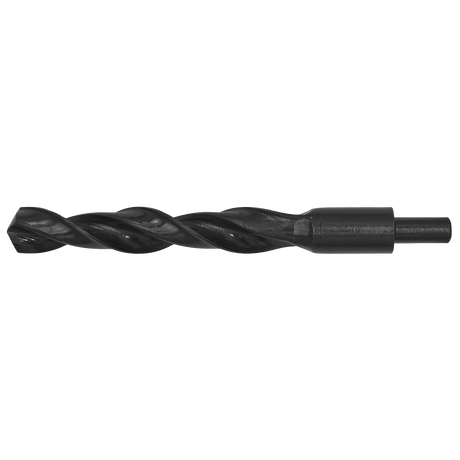 A Blacksmith Bit - Ø23 x 215mm - BSB23.0 from Sealey is shown against a white background. This high-speed steel (HSS) roll forged drill bit features a durable black oxide finish with a spiral flute, designed for cutting precise holes in various materials and ensuring longevity.