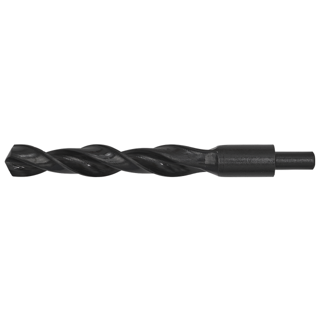 A Blacksmith Bit - Ø23 x 215mm - BSB23.0 from Sealey is shown against a white background. This high-speed steel (HSS) roll forged drill bit features a durable black oxide finish with a spiral flute, designed for cutting precise holes in various materials and ensuring longevity.