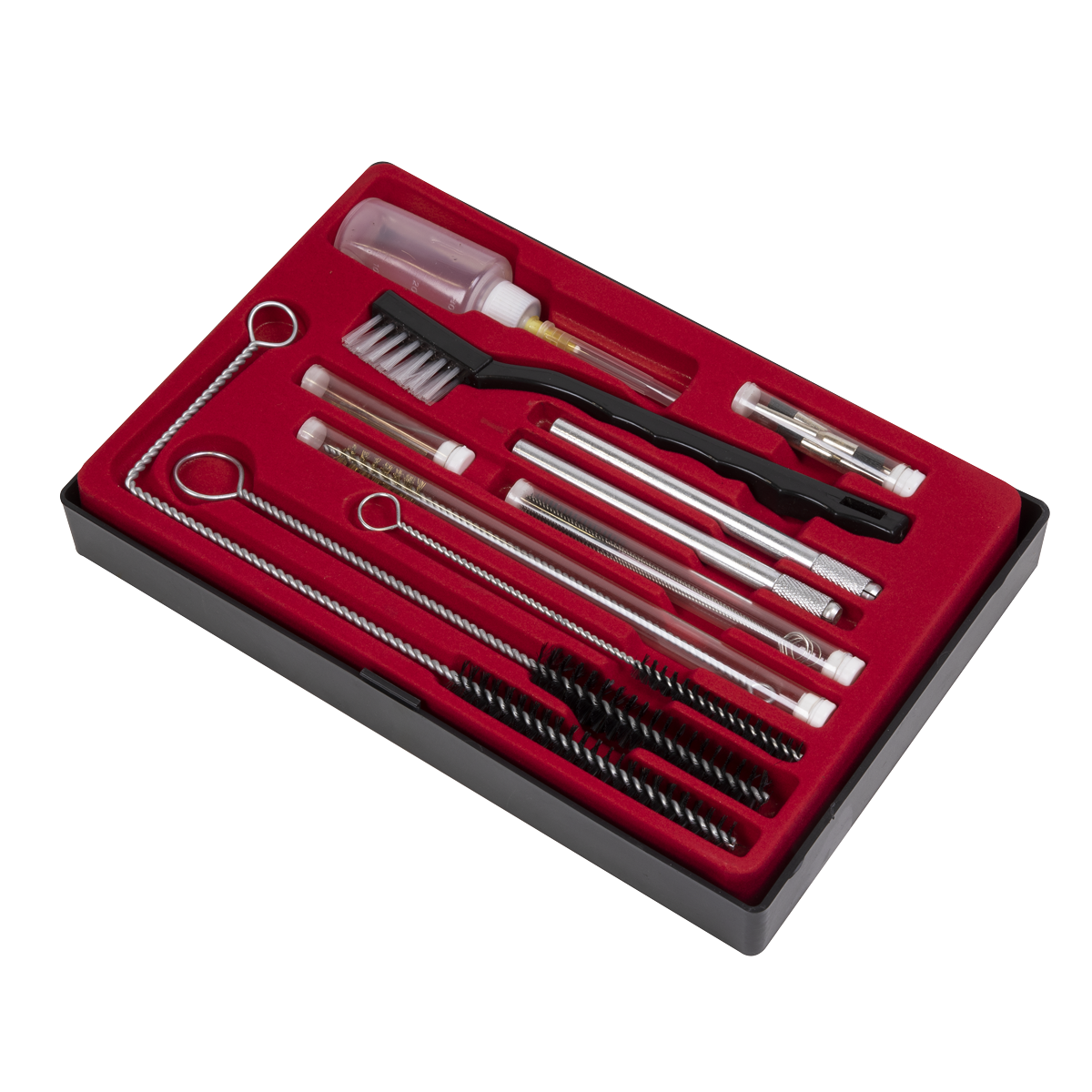 The Sealey Spray Gun Cleaning Set 22pc - BSGC5 includes various brushes, rods, and precision probes meticulously arranged in a red foam tray inside a black case.