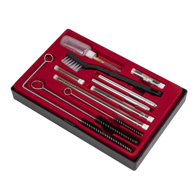 The Sealey Spray Gun Cleaning Set 22pc - BSGC5 includes various brushes, rods, and precision probes meticulously arranged in a red foam tray inside a black case.