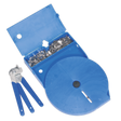 The CVJ Boot Universal Clamp Kit - BSL102 by Sealey includes a blue plastic case containing metal fasteners and a label dispenser roll, alongside a set of distinctive blue-handled crimping tools, ideal for your stainless steel banding needs.
