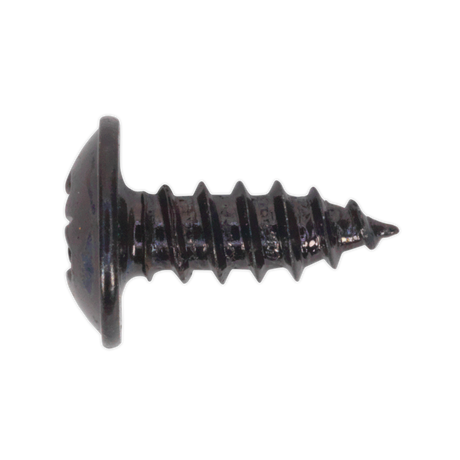 A close-up image of a Sealey Self-Tapping Screw 3.5 x 10mm with a flanged head and threaded shaft, featuring a black Pozi drive and pointed tip, available in a pack of 100 (BST3510).