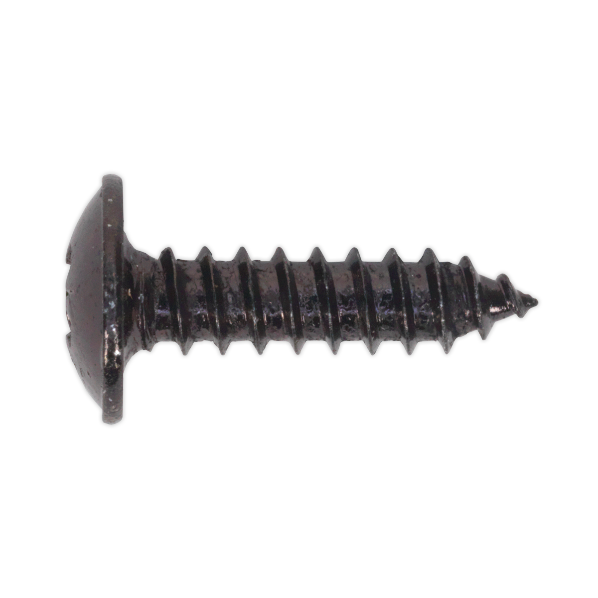 Close-up of a black Sealey self-tapping screw, featuring a flat-headed design with coarse threads for fastening materials. This 4.2 x 16mm flanged Pozi head screw ensures extra stability and comes in a convenient pack of 100, model BST4216.