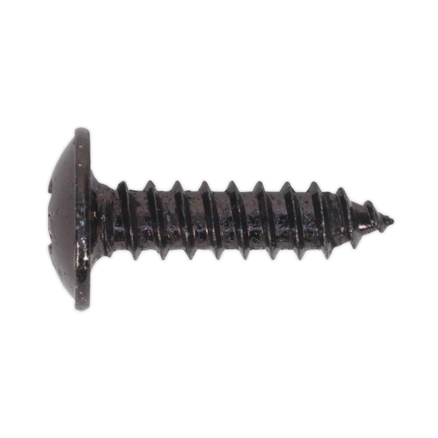 Close-up of a black Sealey self-tapping screw, featuring a flat-headed design with coarse threads for fastening materials. This 4.2 x 16mm flanged Pozi head screw ensures extra stability and comes in a convenient pack of 100, model BST4216.