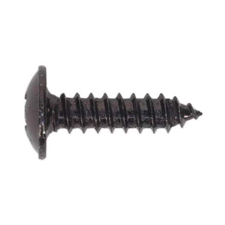 Close-up of a black Sealey self-tapping screw, featuring a flat-headed design with coarse threads for fastening materials. This 4.2 x 16mm flanged Pozi head screw ensures extra stability and comes in a convenient pack of 100, model BST4216.