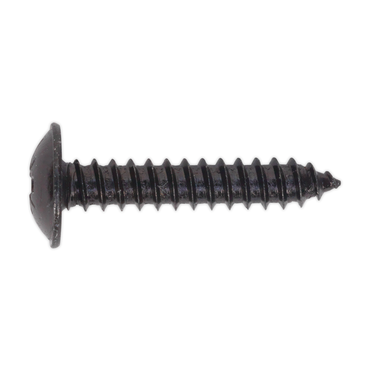 Close-up of the Sealey self-tapping screw with a black, round head and coarse thread pitch, ideal for various fastening applications. This screw features a flanged Pozi head and comes in a pack of 100 under the product name Self-Tapping Screw 4.8 x 25mm Flanged Head Black Pozi Pack of 100 - BST4825.