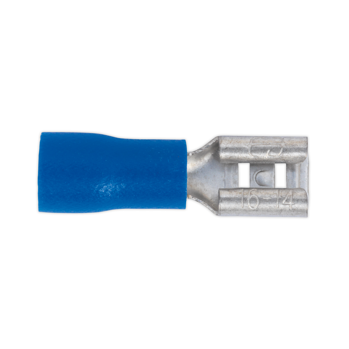 The Sealey Push-On Terminal 4.8mm Female Blue Pack of 100 - BT19 is a blue insulated female spade terminal connector designed for electrical wiring, featuring a metal crimp and clearly marked for cable sizes 16-14 AWG.