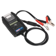 The Sealey Digital Start/Stop Battery & Alternator Tester with Printer 6/12/24V - BT2014 is equipped with an LCD screen, buttons, attached cables, and alligator clips for comprehensive battery diagnosis and result printing.