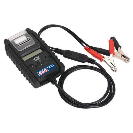 The Sealey Digital Start/Stop Battery & Alternator Tester with Printer 6/12/24V - BT2014 is equipped with an LCD screen, buttons, attached cables, and alligator clips for comprehensive battery diagnosis and result printing.