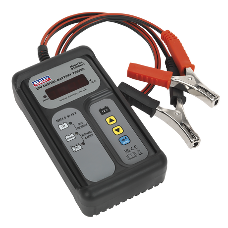 The Sealey Digital Battery Tester 12V - BT2101 comes equipped with clamps and red and black cables, an LCD screen, and buttons labeled with icons and numbers. This device efficiently tests battery condition, providing clear assessments on its display.