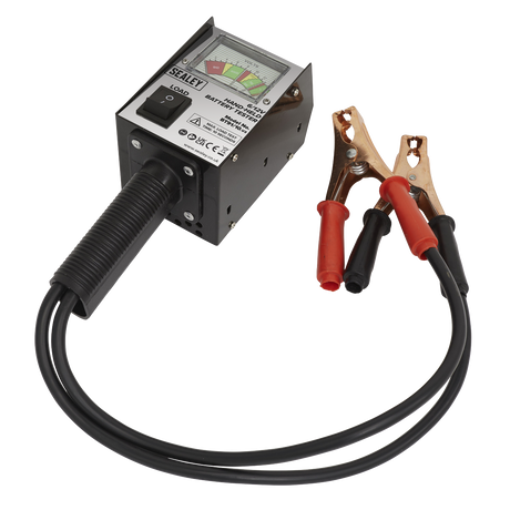 The Sealey Battery Tester 6/12V Handheld - BT91/10 is designed for 6V and 12V batteries, featuring attached cables and clamps, as well as a gauge and control buttons on the front panel.