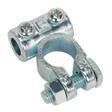 The Sealey Battery Terminal 24V Positive Medium-Duty Pack of 10 - BTP3 is a silver-colored cable clamp designed for use in commercial vehicles or plant machinery. It features two screws at the top and a bolt at the bottom, ensuring secure attachment. The cylindrical opening is perfect for holding cables firmly even in demanding environments.