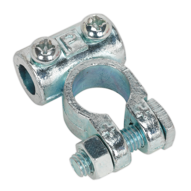 The Sealey Battery Terminal 24V Positive Medium-Duty Pack of 10 - BTP3 is a silver-colored cable clamp designed for use in commercial vehicles or plant machinery. It features two screws at the top and a bolt at the bottom, ensuring secure attachment. The cylindrical opening is perfect for holding cables firmly even in demanding environments.