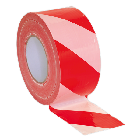 Partially unrolled against a plain background, a roll of Sealey's Hazard Warning Barrier Tape 80mm x 100m Red/White Non-Adhesive - BTRW, made from durable PE film, showcases its non-adhesive design for easy application.