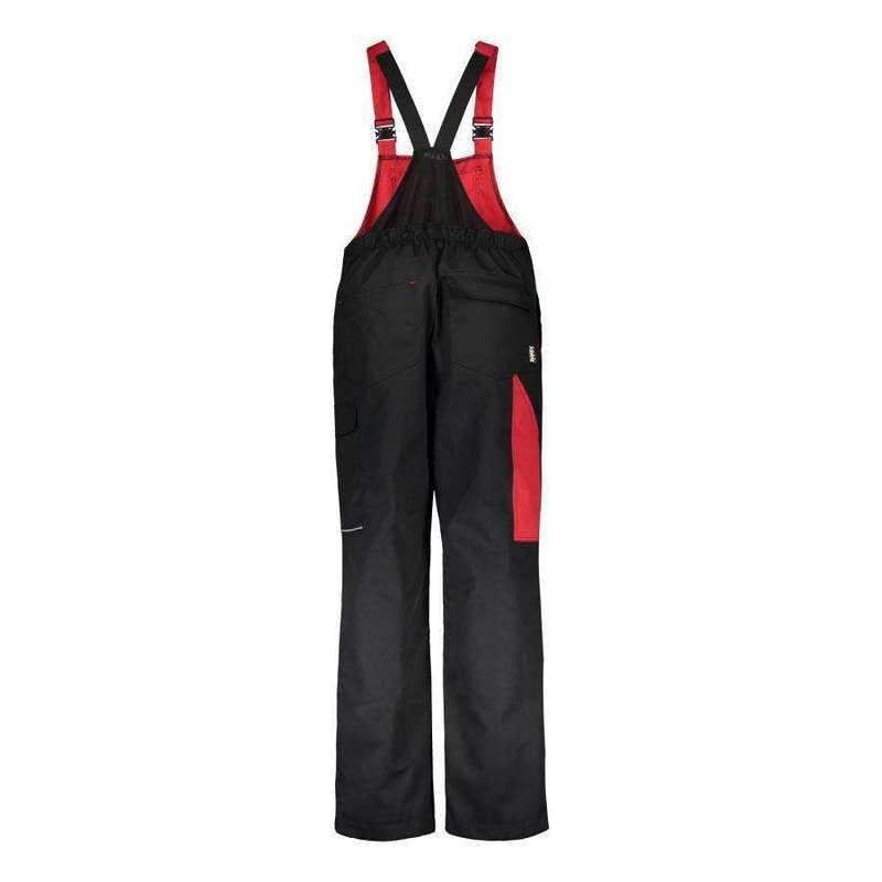 AGCO Valtra Bib & Brace (V4260930) features black and red overalls with adjustable shoulder straps, an elastic waistband, and multipurpose pockets, designed for work or outdoor activities.