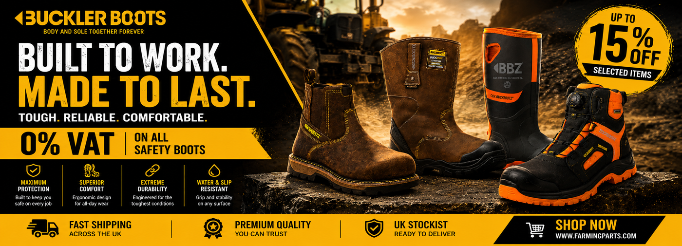 Advertisement for Buckler Boots with text and boots displayed against a construction site background.