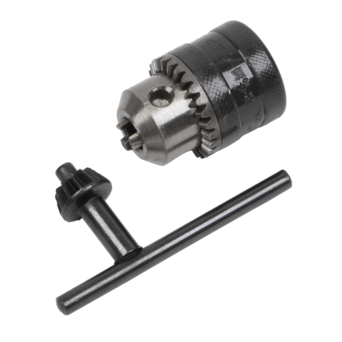 The Chuck & Key - 10mm 3/8"-24UNF - C3838 by Sealey, essential for tightening and loosening the chuck's grip on a drill bit, seamlessly complements cordless power tools.