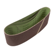The Sealey Sanding Belt 100 x 610mm 80Grit - Pack of 3 (CB16180/3) is an abrasive belt labeled with "GXK51" and "ALUMINUM OXIDE P80," ideal for quick stock removal on wood due to its coarse texture.