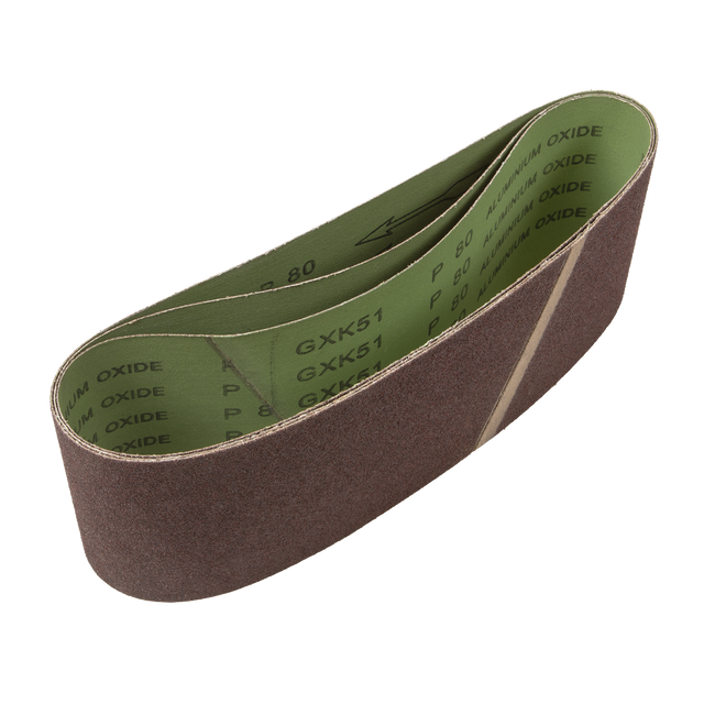 The Sealey Sanding Belt 100 x 610mm 80Grit - Pack of 3 (CB16180/3) is an abrasive belt labeled with "GXK51" and "ALUMINUM OXIDE P80," ideal for quick stock removal on wood due to its coarse texture.