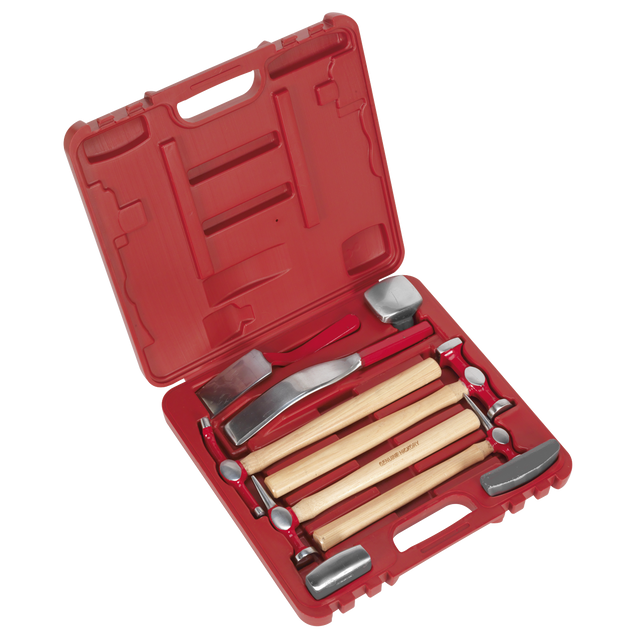 The Sealey Panel Beating Set 9pc - CB58 is a red plastic storage case that includes a set of hickory-handled hammers and metalworking tools, featuring drop-forged steel dollies.