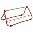 The Sealey Cable Carrier Stand Multi Reel Dispenser - CC01 is a red and black foldable stand with four hooks, ideal for mounting on a vehicle. It includes additional support to efficiently handle wire reels.