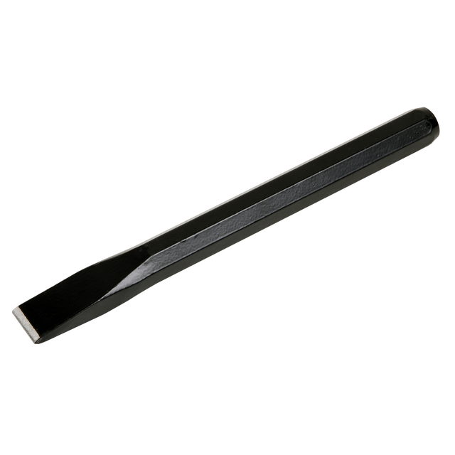 A black, flathead Cold Chisel 25 x 250mm - CC35 by Sealey, featuring a textured grip handle and made from corrosion-resistant drop-forged steel, is shown on a white background.