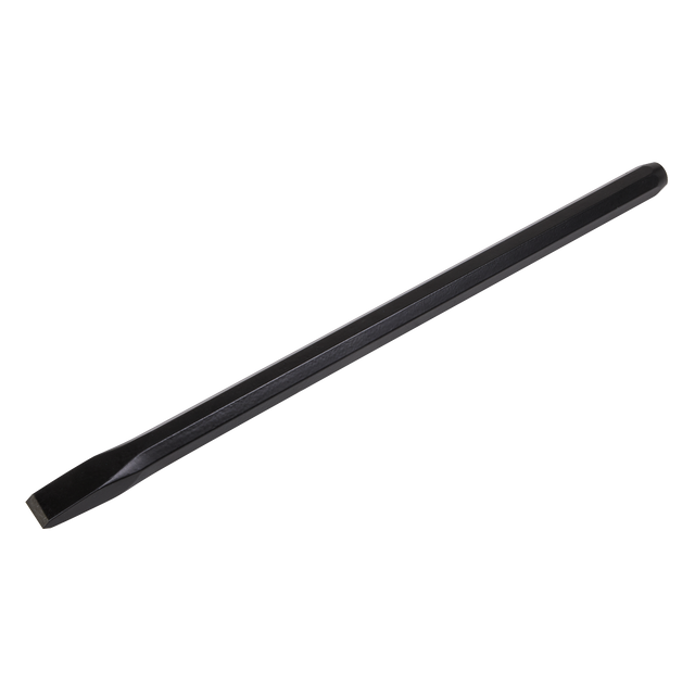 The Sealey Cold Chisel 25 x 450mm - CC37 is a high-quality tool with a flat-head and sharp, tapered tip, featuring a black powder-coated finish. It boasts a hexagonal handle for better grip and is crafted from drop-forged steel, ensuring exceptional durability and corrosion resistance.