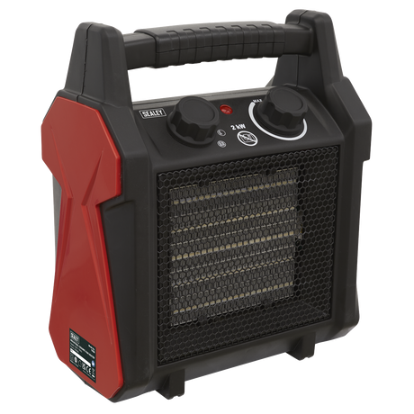 The Sealey Industrial Ceramic Fan Heater 2000W - CH20 is a portable device with a striking black and red exterior, equipped with PTC heat conducting ceramic elements, a convenient handle, dual control knobs, and a protective front mesh grill.