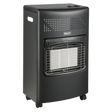 The Sealey Cabinet Gas Heater 4.2kW - CH4200 is a black portable gas heater with a front protective grill and two side handles. It features Piezoelectric ignition and a ceramic plaque cabinet heater design, all mounted on four caster wheels for enhanced mobility.
