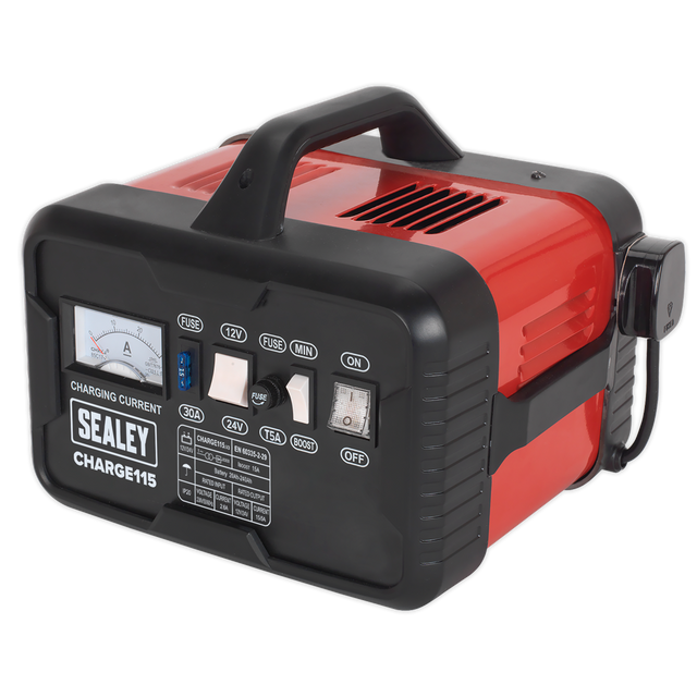 The "Sealey Battery Charger 19Amp 12V/24V 230V - CHARGE115" is a portable battery charger equipped with a handle, multiple control buttons, and a large ammeter for precise readings. Encased in a sturdy steel case, it features variable output settings to suit different charging needs.