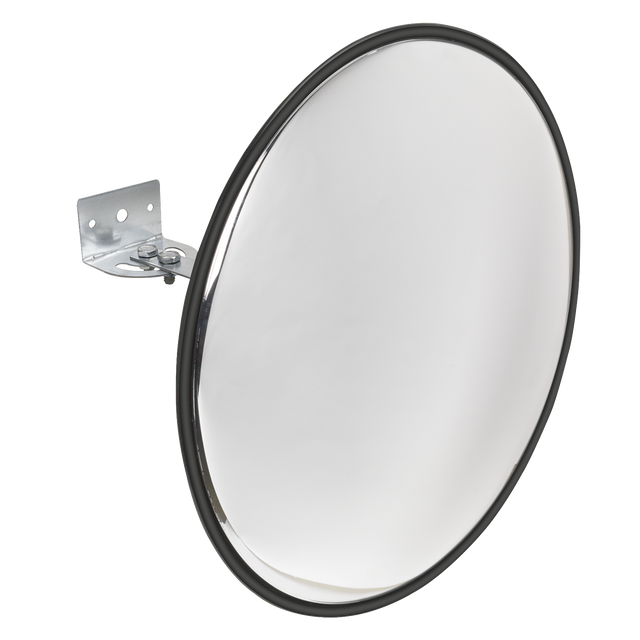 The Sealey CM450 Convex Mirror Wall Mounting Ø450mm features a round design with a black edge, a metal mounting bracket, and an adjustable swivel joint for enhanced visibility.