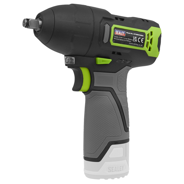A compact Sealey cordless impact wrench, the Cordless Impact Wrench 3/8"Sq Drive 10.8V SV10.8 Series (Body Only - CP108VCIWBO), featuring a black and grey body with green accents, a visible CE mark on the back, and an integrated LED work light.