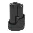 Sealey Power Tool Battery 12V 1.5Ah Lithium-ion for SV12 Series - CP1200BP is a black rechargeable battery pack with two terminals on top, designed for power tools and featuring lithium-ion batteries for a flat discharge curve.