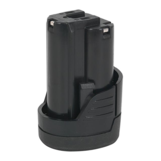 Sealey Power Tool Battery 12V 1.5Ah Lithium-ion for SV12 Series - CP1200BP is a black rechargeable battery pack with two terminals on top, designed for power tools and featuring lithium-ion batteries for a flat discharge curve.