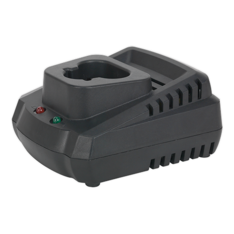 The Sealey Battery Charger for 12V SV12 Series Lithium-ion One Battery Range (CP1200MC) includes a slot for a 12V lithium-ion battery and features red and green indicator lights to display the recharging status.