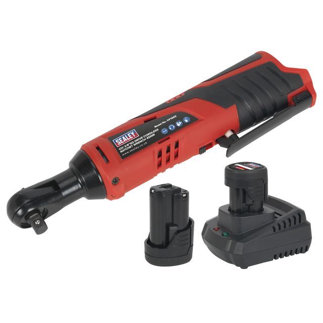 A red and black Sealey Ratchet Wrench Kit 3/8"Sq Drive 12V from the SV12 Series, model number CP1202KIT, comes with two lithium-ion batteries and a charging station.