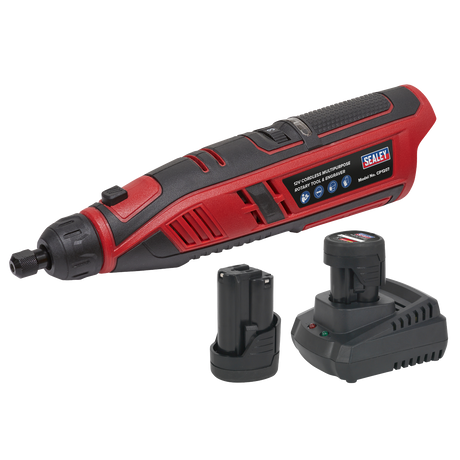 Sealey's red and black Cordless Rotary Tool & Engraver Kit 49pc 12V SV12 Series - CP1207KIT, complete with two batteries and a charging dock, displayed on a white background.