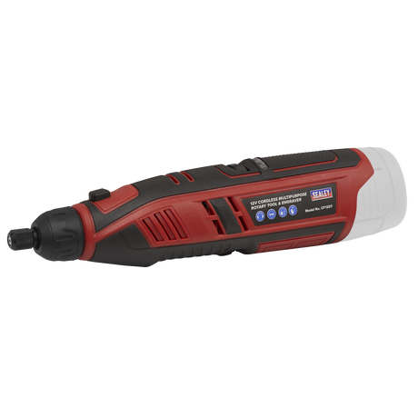 The Sealey Cordless Multipurpose Rotary Tool & Engraver Kit 49pc 12V SV12 Series - Body Only (model CP1207) features a red and black design with a white grip. This versatile tool is powered by an efficient 12V Lithium-ion battery.