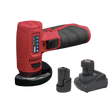 A red and black cordless power tool set featuring the Sealey Angle Grinder Kit Ø75mm 12V SV12 Series (CP1210KIT), which includes a cordless mini angle grinder, two lithium-ion batteries, and a charging dock.