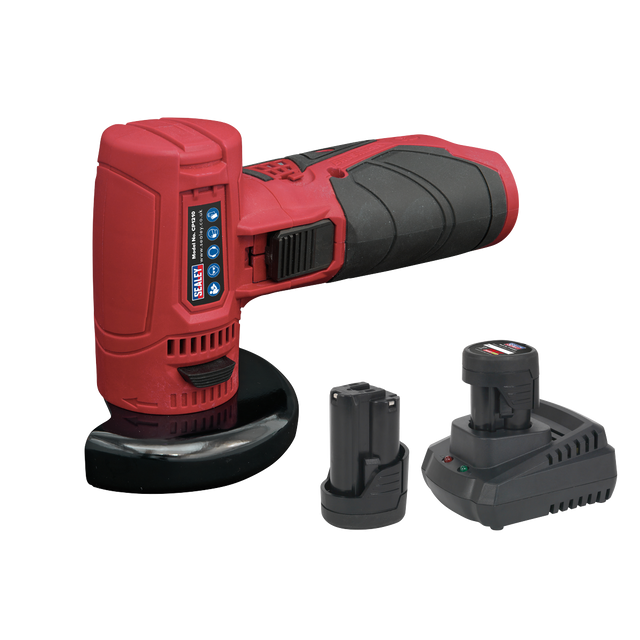 A red and black cordless power tool set featuring the Sealey Angle Grinder Kit Ø75mm 12V SV12 Series (CP1210KIT), which includes a cordless mini angle grinder, two lithium-ion batteries, and a charging dock.