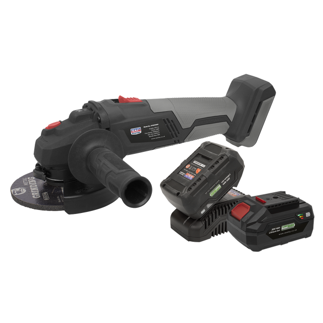 The Brushless Angle Grinder Kit 20V SV20 Series (CP20VAGXKIT) from Sealey includes a handle, two 20V Lithium-ion rechargeable batteries, and a battery charger.