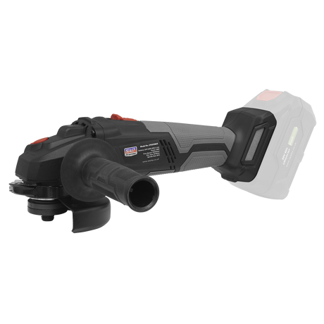 The Sealey Brushless Angle Grinder Ø115mm 20V SV20 Series - Body Only (CP20VAGX) is a cordless tool that features an ergonomic design with a black handle and a gray body, and is shown without the battery.
