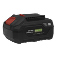 The Sealey Power Tool Battery 20V 4Ah SV20 Series Lithium-ion - CP20VBP4, in black and red, features a green "Lithium Rechargeable" logo on the side and a convenient battery level indicator.