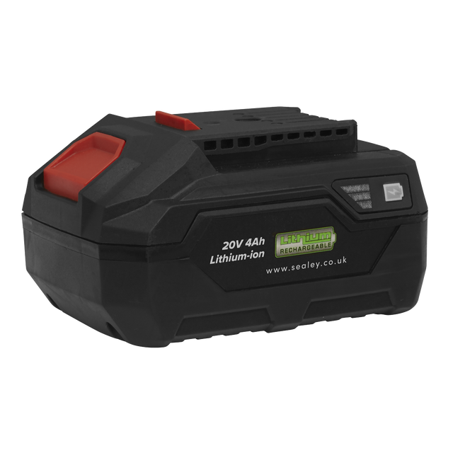 The Sealey Power Tool Battery 20V 4Ah SV20 Series Lithium-ion - CP20VBP4, in black and red, features a green "Lithium Rechargeable" logo on the side and a convenient battery level indicator.