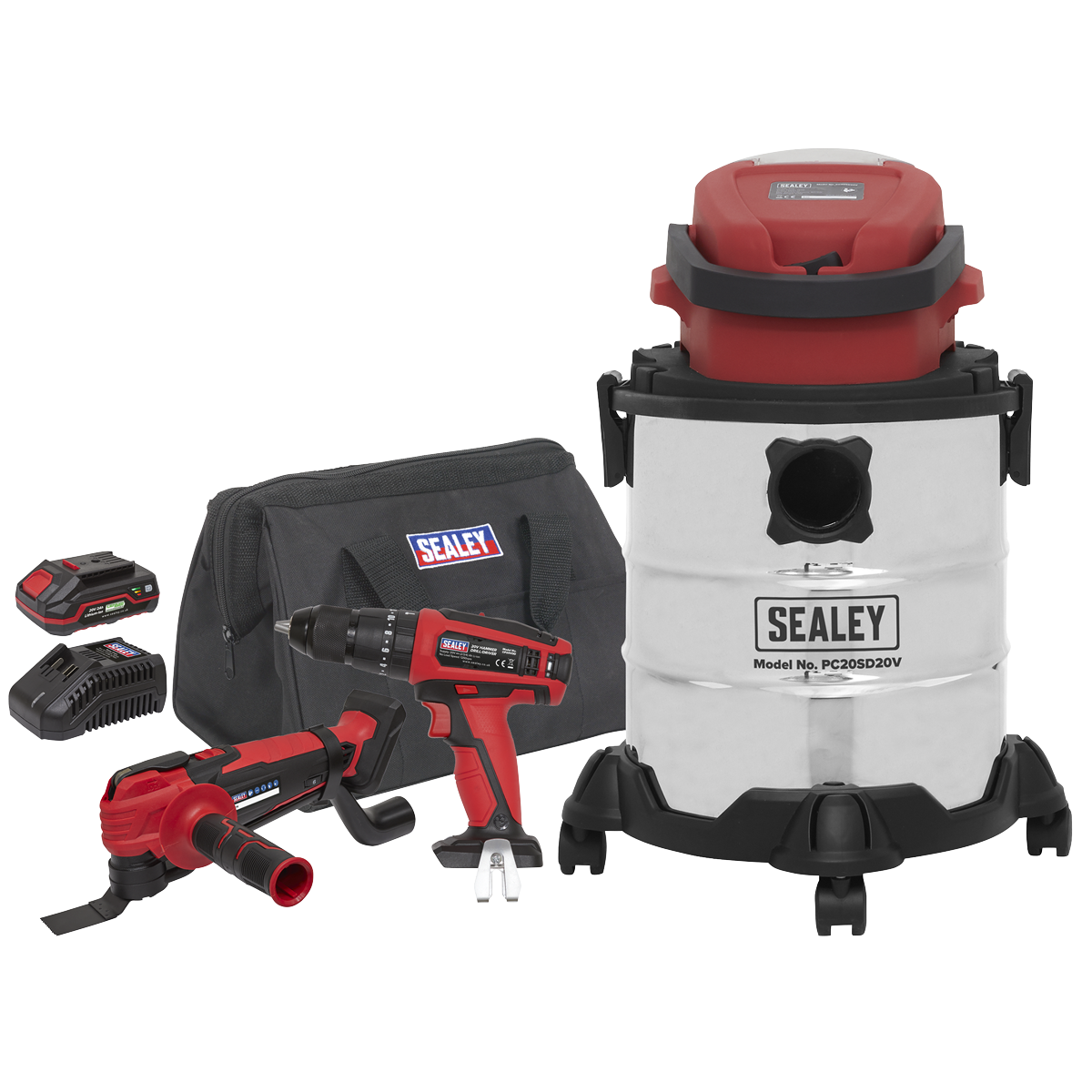 The Sealey 3 x 20V SV20 Series Tool Vac Combo - 2 Batteries - CP20VCOMBO5 includes a wet/dry vacuum, cordless drill, impact wrench, battery pack, charger, oscillating multi-tool, and a carrying bag for ultimate portability.