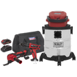 The Sealey 3 x 20V SV20 Series Tool Vac Combo - 2 Batteries - CP20VCOMBO5 includes a wet/dry vacuum, cordless drill, impact wrench, battery pack, charger, oscillating multi-tool, and a carrying bag for ultimate portability.