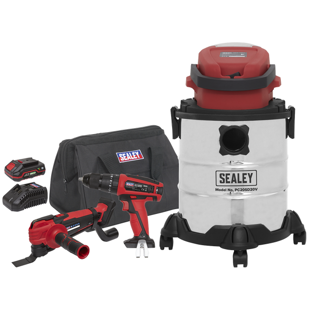 The Sealey 3 x 20V SV20 Series Tool Vac Combo - 2 Batteries - CP20VCOMBO5 includes a wet/dry vacuum, cordless drill, impact wrench, battery pack, charger, oscillating multi-tool, and a carrying bag for ultimate portability.