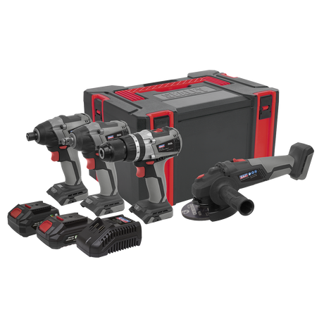 The Sealey 4 x 20V SV20 Series Brushless Tool Combo (CP20VCOMBOX1) includes three power drills, a grinder, two batteries, a charger, and a storage case with the one-battery-fits-all convenience.