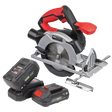 The Circular Saw Kit 20V SV20 Series Ø150mm by Sealey, model CP20VCSKIT, featuring a red and black handle, comes with two batteries and a battery charger – perfect for cutting wood efficiently.